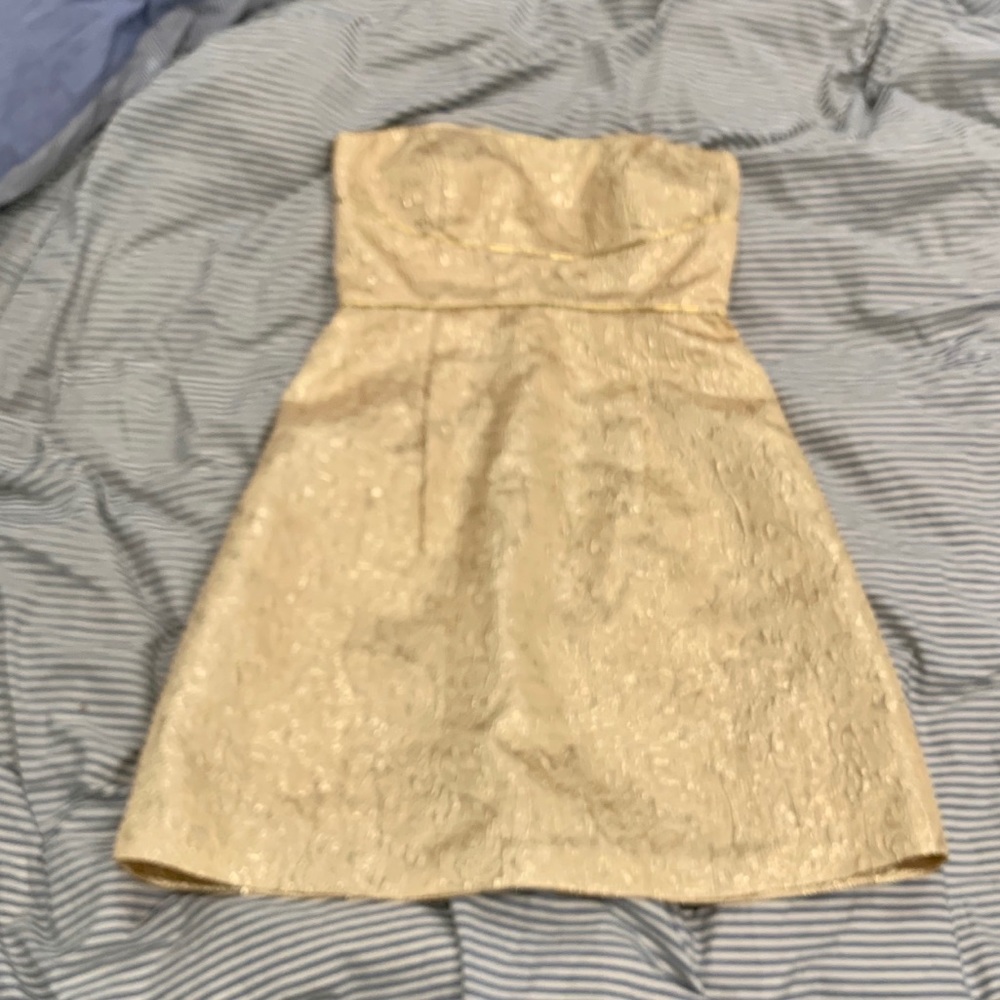 MAX + CLEO GOLD STRAPLESS DRESS
